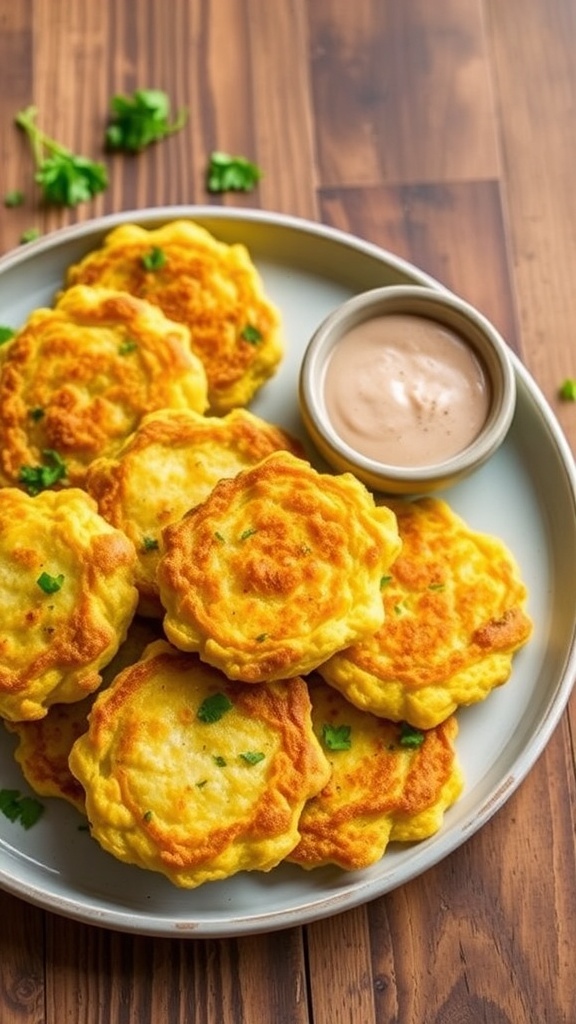 Crispy gluten-free squash fritters on a plate, garnished with herbs and served with dipping sauce.